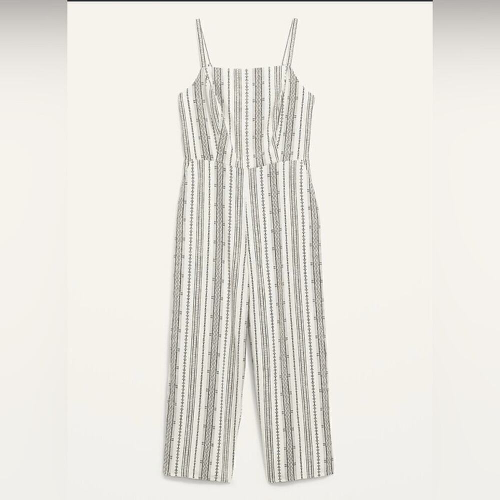 Linen-Blend Geometric-Stripe Sleeveless Jumpsuit -Size Small - Picture 5 of 7